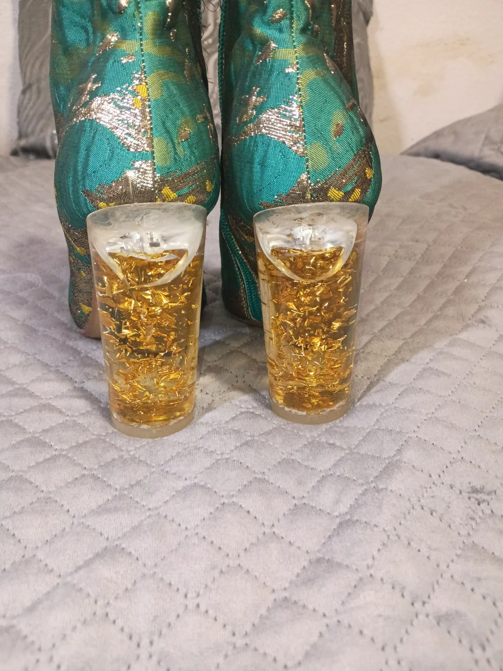 RAYE Teal and Gold Metallic Sculpted Block-Heel Ankle Boots